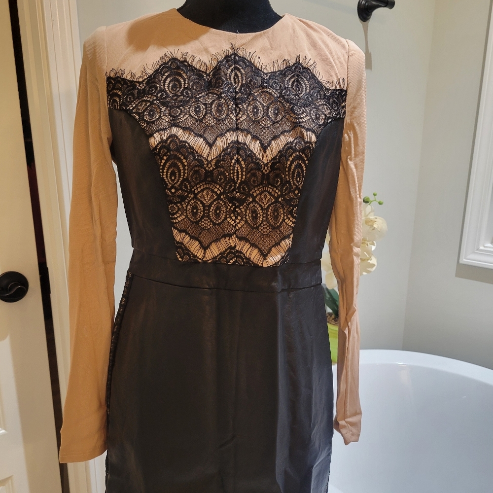 Nude/black lace and leather dress